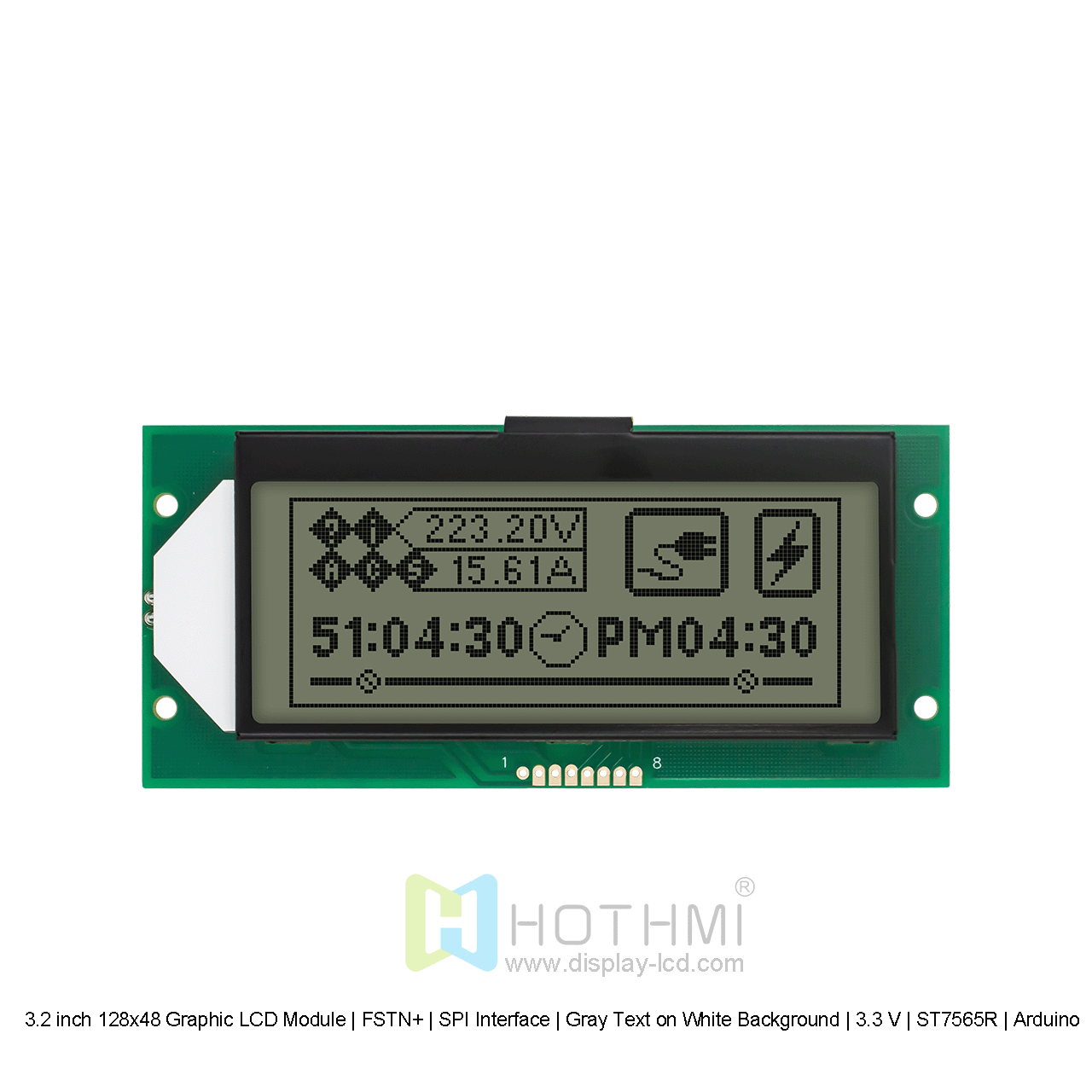 3.2寸128x48图形LCD液晶显示模组 | FSTN+|  SPI接口  | 白底灰字 | 3.3 V | ST7565R | Arduino 