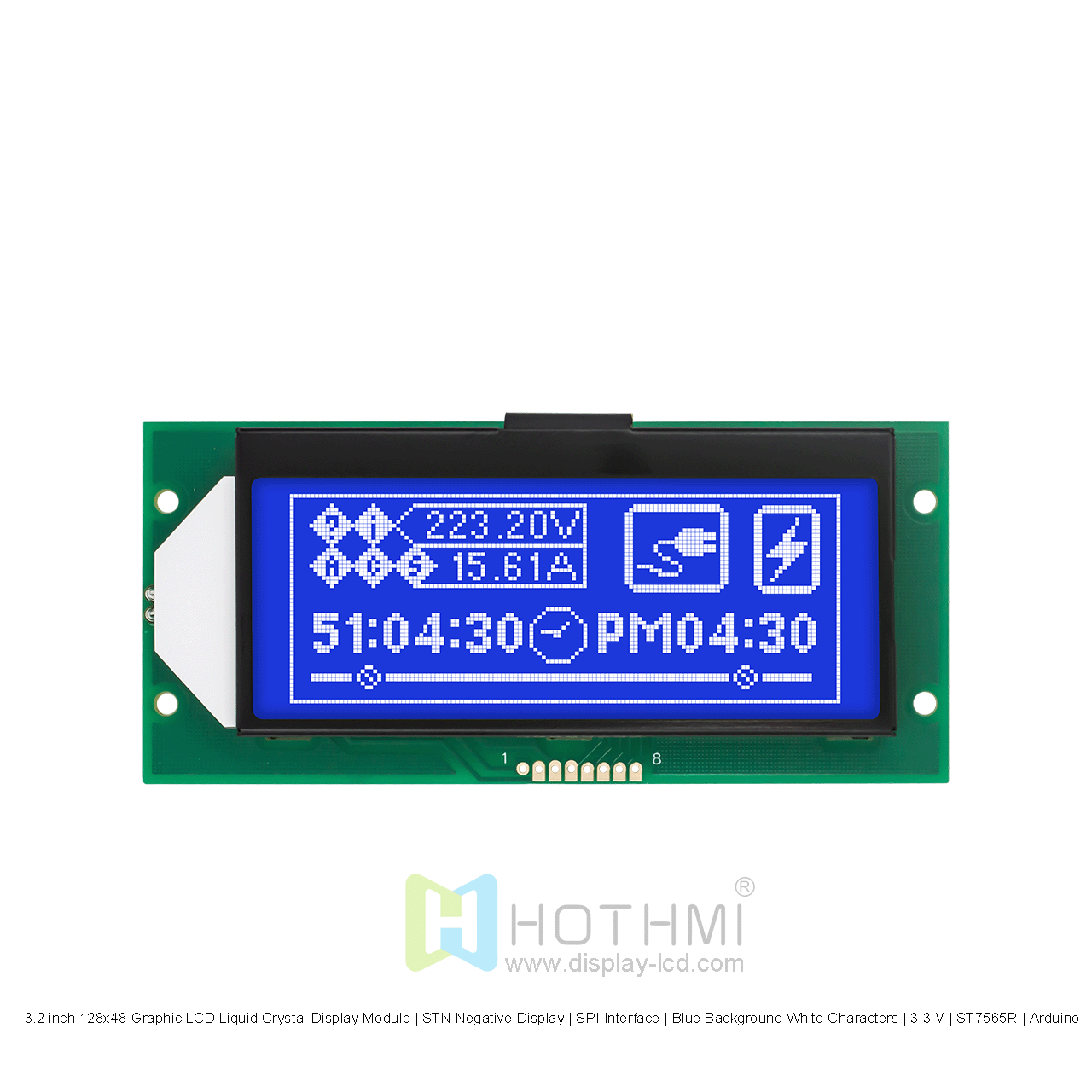 3.2寸128x48图形LCD液晶显示模组 | STN负显 |  SPI接口  | 蓝底白字 | 3.3 V | ST7565R | Arduino 