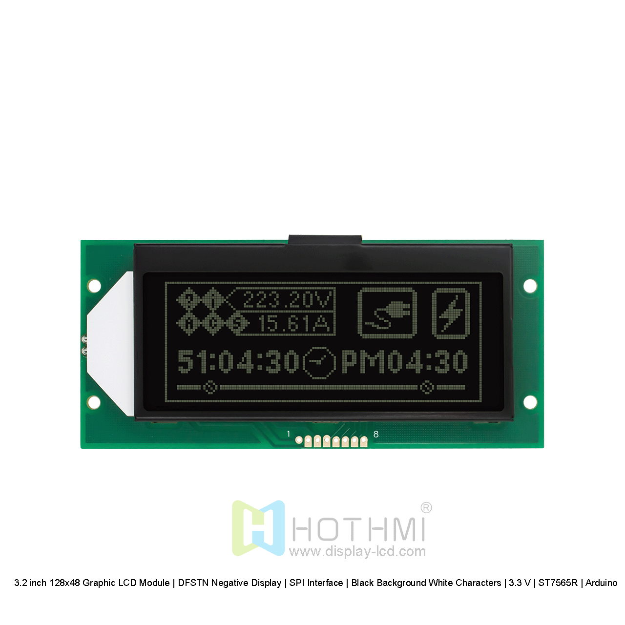 3.2 inch 128x48 Graphic LCD Module | DFSTN Negative Display | SPI Interface | Black Background White Characters | 3.3 V | ST7565R | Arduino