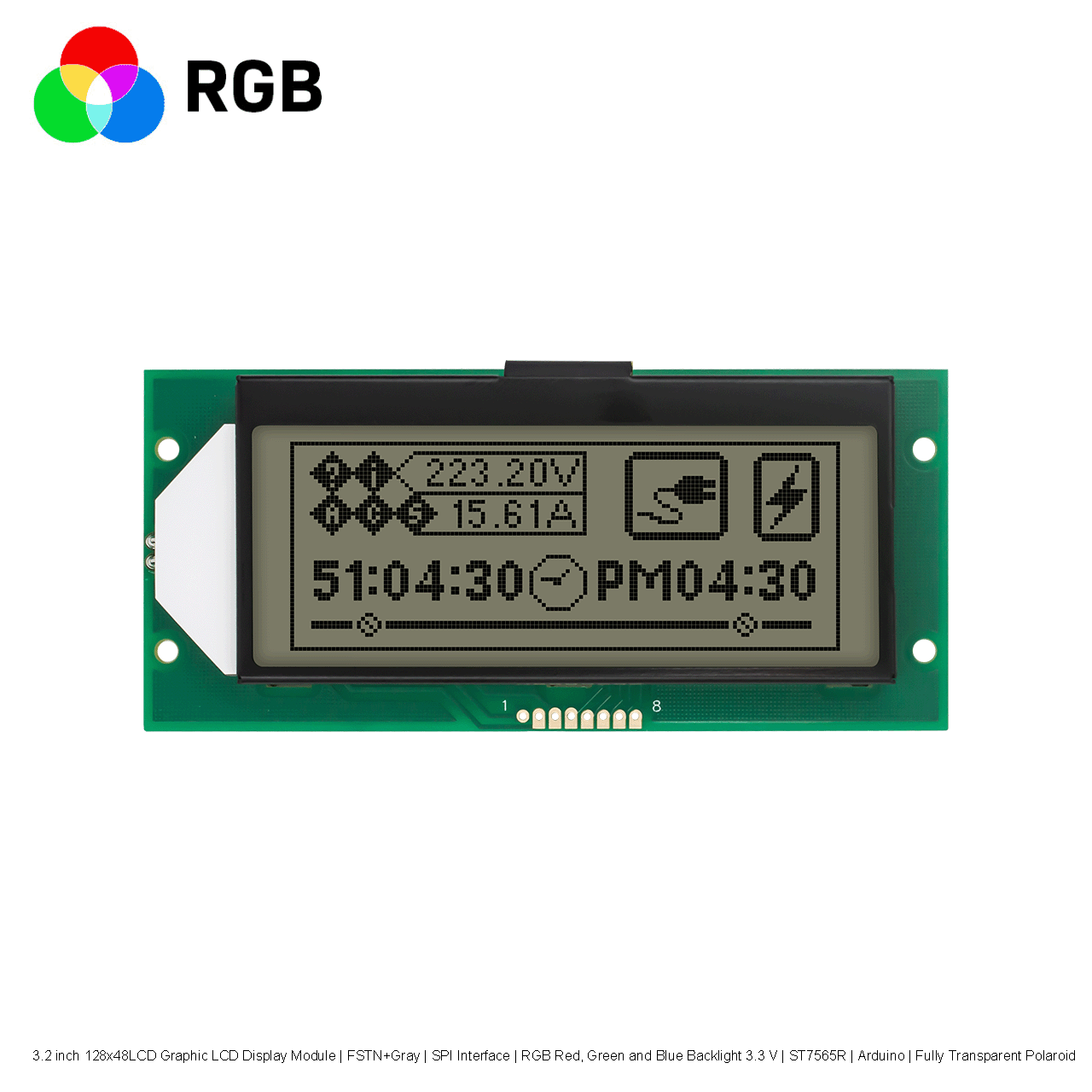 3.2 inch 128x48LCD Graphic LCD Display Module | FSTN+Gray | SPI Interface | RGB Red, Green and Blue Backlight 3.3 V | ST7565R | Arduino | Fully Transparent Polaroid