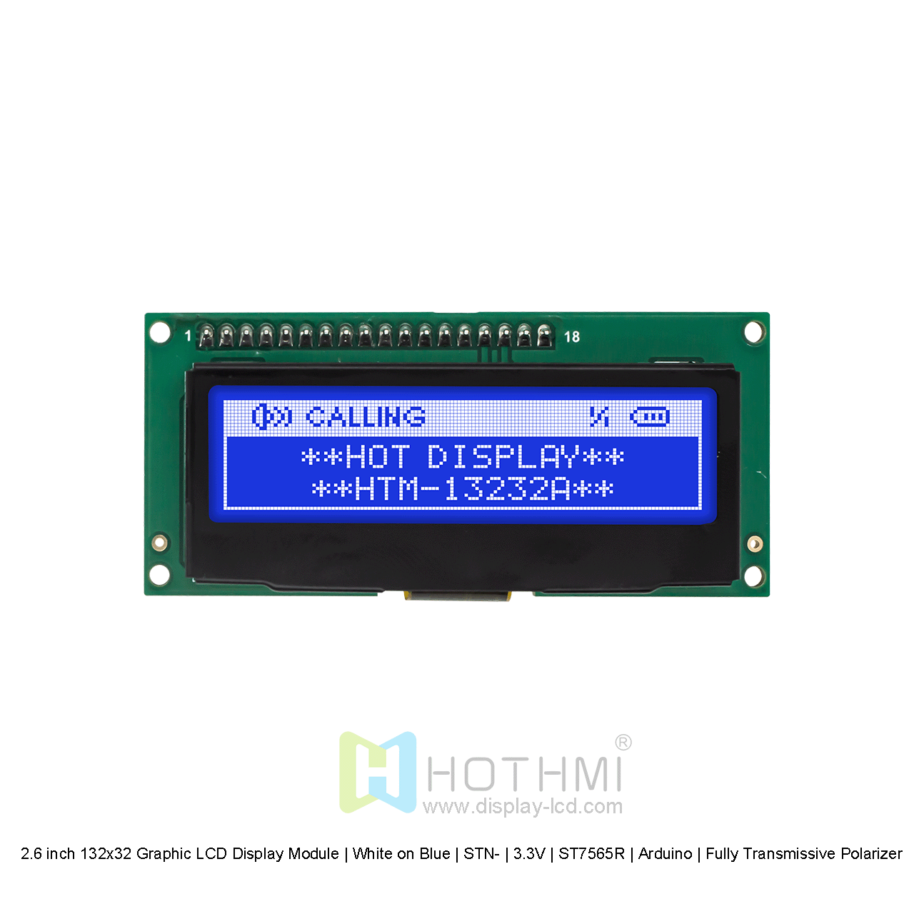 2.6寸132x32图形液晶显示屏模组 | 蓝底白字 | STN- | 3.3V | ST7565R | Arduino | 全透性偏光片