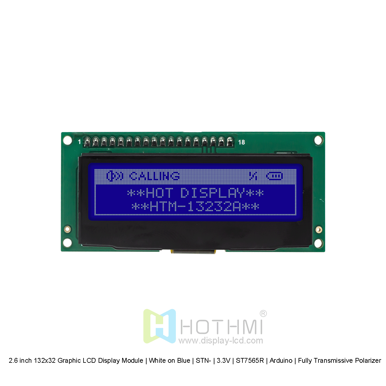 2.6 inch 132x32 Graphic LCD Display Module | White on Blue | STN- | 3.3V | ST7565R | Arduino | Fully Transmissive Polarizer