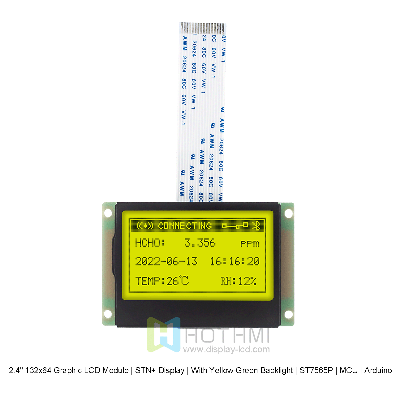 2.4寸132x64 图形 LCD 模块 | STN+ 显示 | 带黄绿色背光 | ST7565P | MCU | Arduino