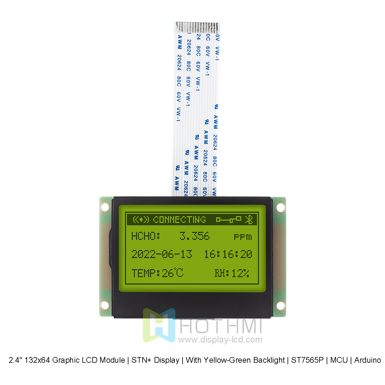 2.4寸132x64 图形 LCD 模块 | STN+ 显示 | 带黄绿色背光 | ST7565P | MCU | Arduino