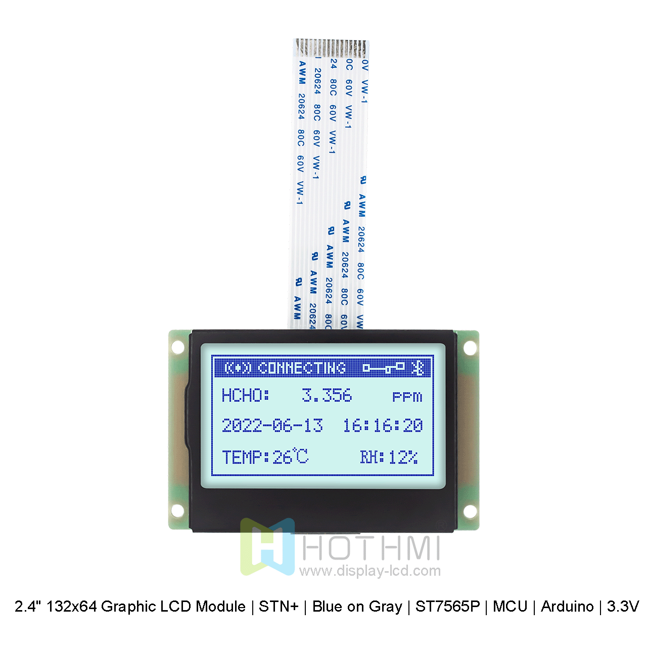 2.4寸132x64 图形 LCD 模块 | STN+ | 灰底蓝字 | ST7565P | MCU | Arduino | 3.3V