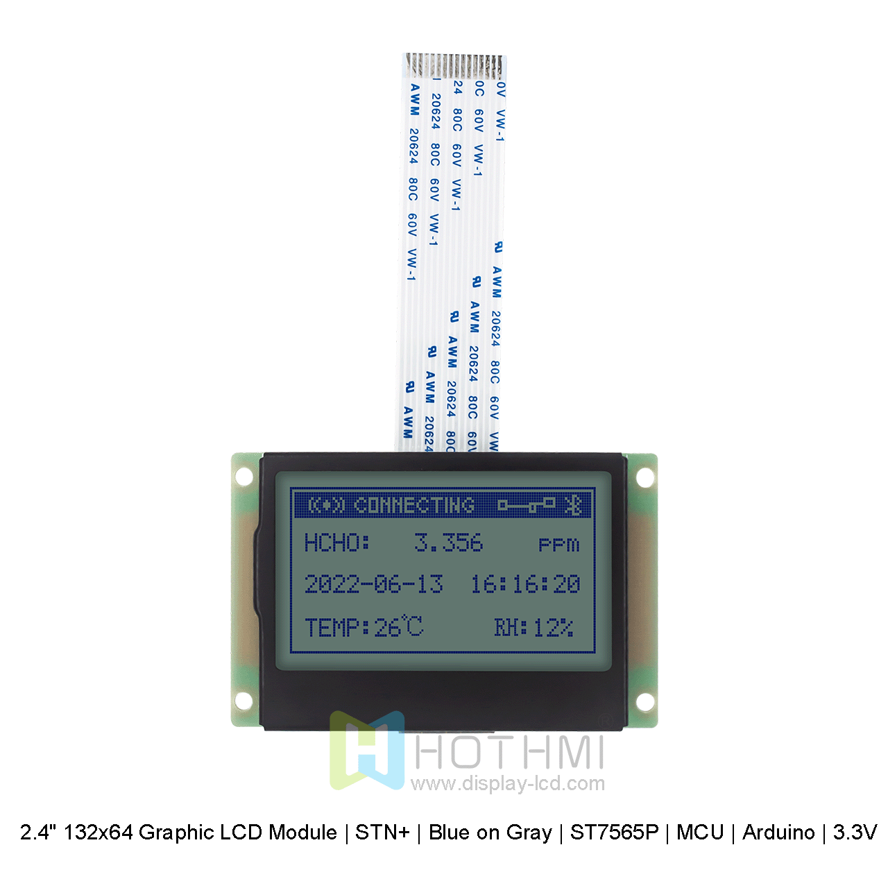 2.4寸132x64 图形 LCD 模块 | STN+ | 灰底蓝字 | ST7565P | MCU | Arduino | 3.3V