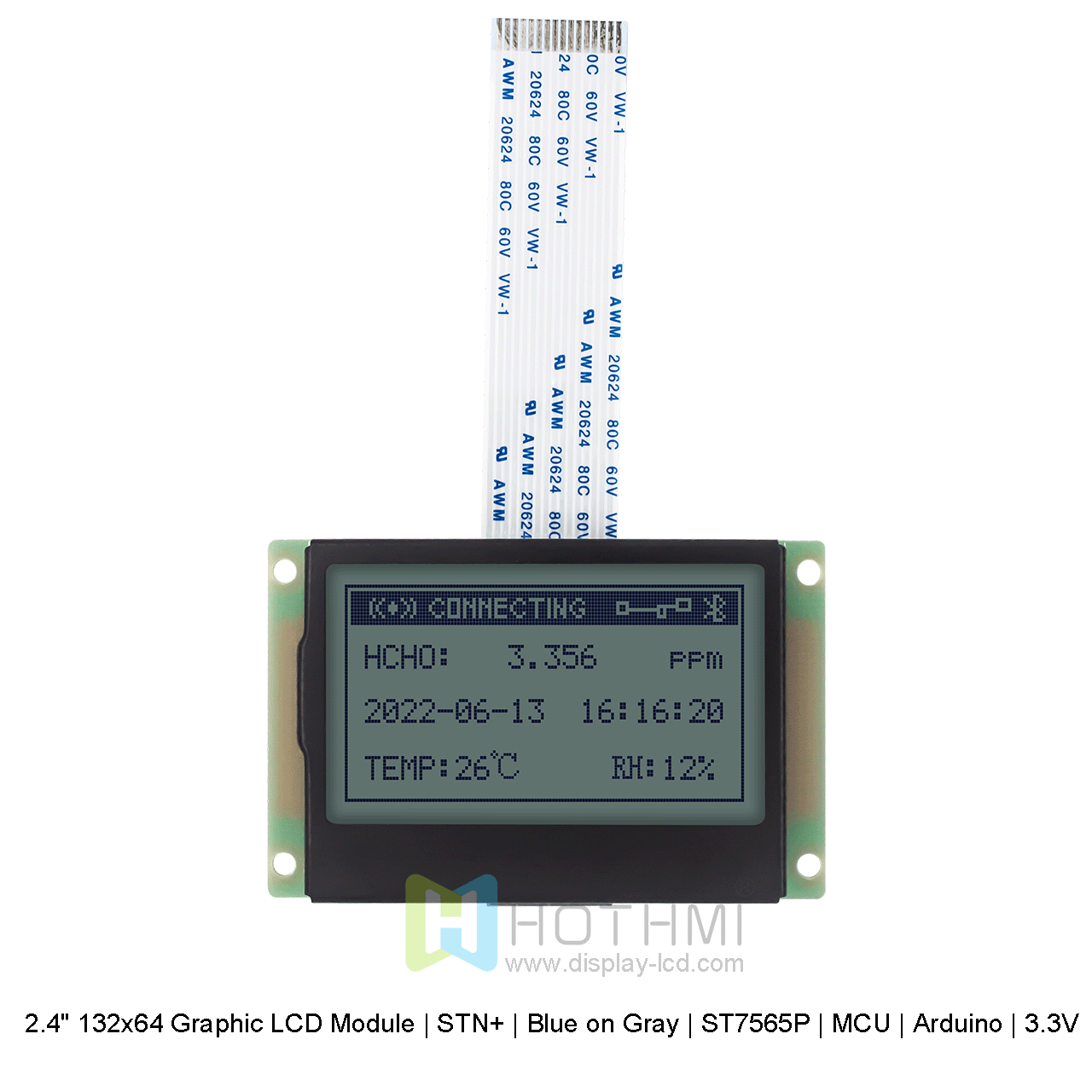 2.4寸132x64 图形 LCD 模块 | STN+ | 黄绿背光 | ST7565P | MCU | Arduino | 3.3V