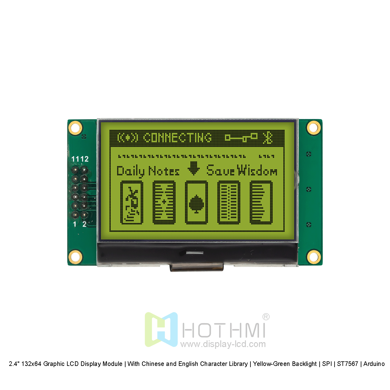 2.4寸132x64 图形液晶显示模组 | 带中英文字库| 黄绿背光 | SPI | ST7567 | Arduino