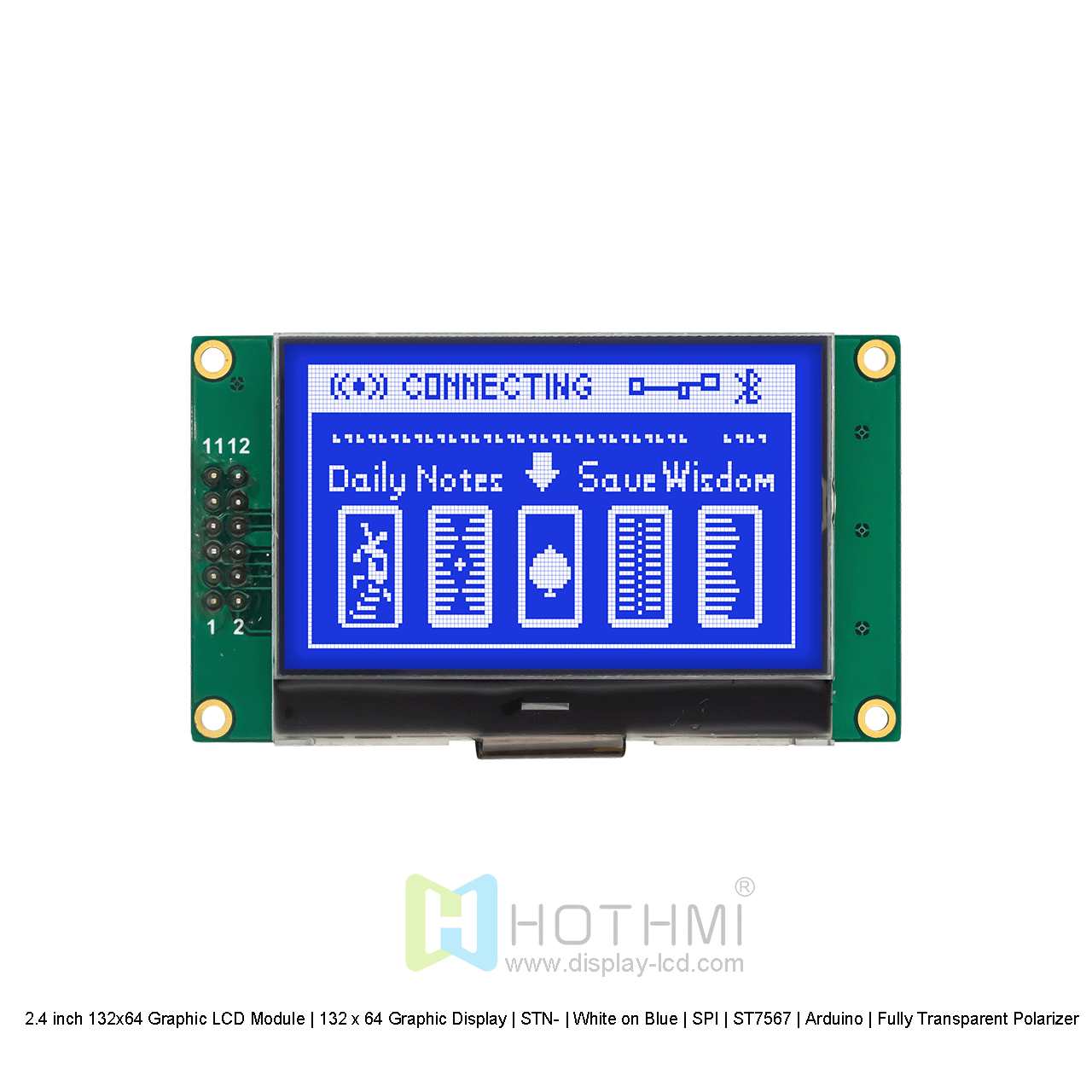 2.4寸132x64 图形液晶显示模组 | 132 x 64 图形显示屏 | STN- |  蓝底白字 | SPI | ST7567 | Arduino | 全透性偏光片