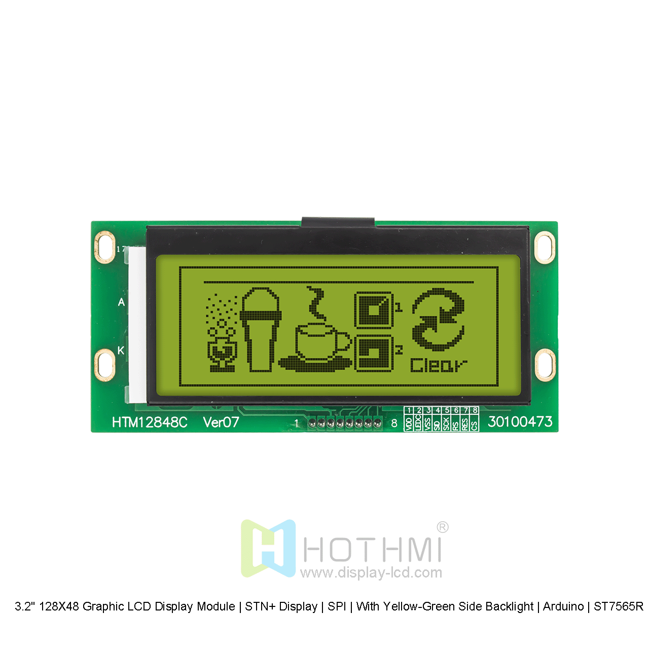 3.2寸128X48图形液晶显示模块  | STN+ 显示屏 | SPI |带黄绿色侧背光 | Arduino | ST7565R