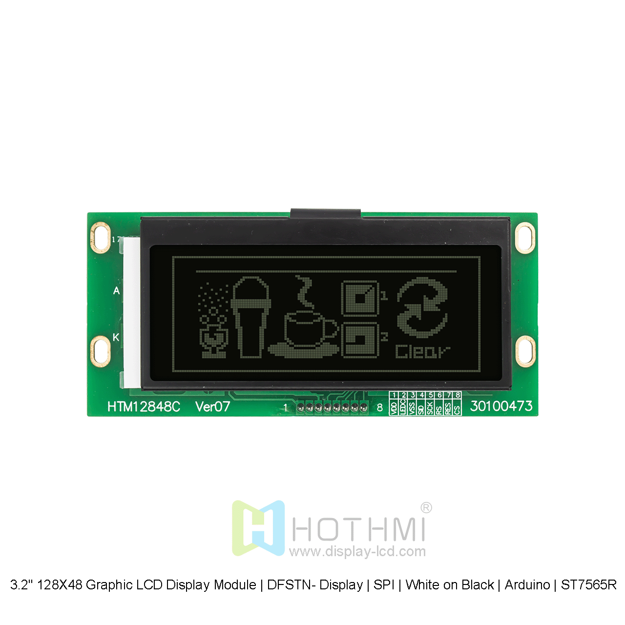 3.2寸128X48图形液晶显示模块  | DFSTN- 显示屏 | SPI | 黑底白字 | Arduino | ST7565R