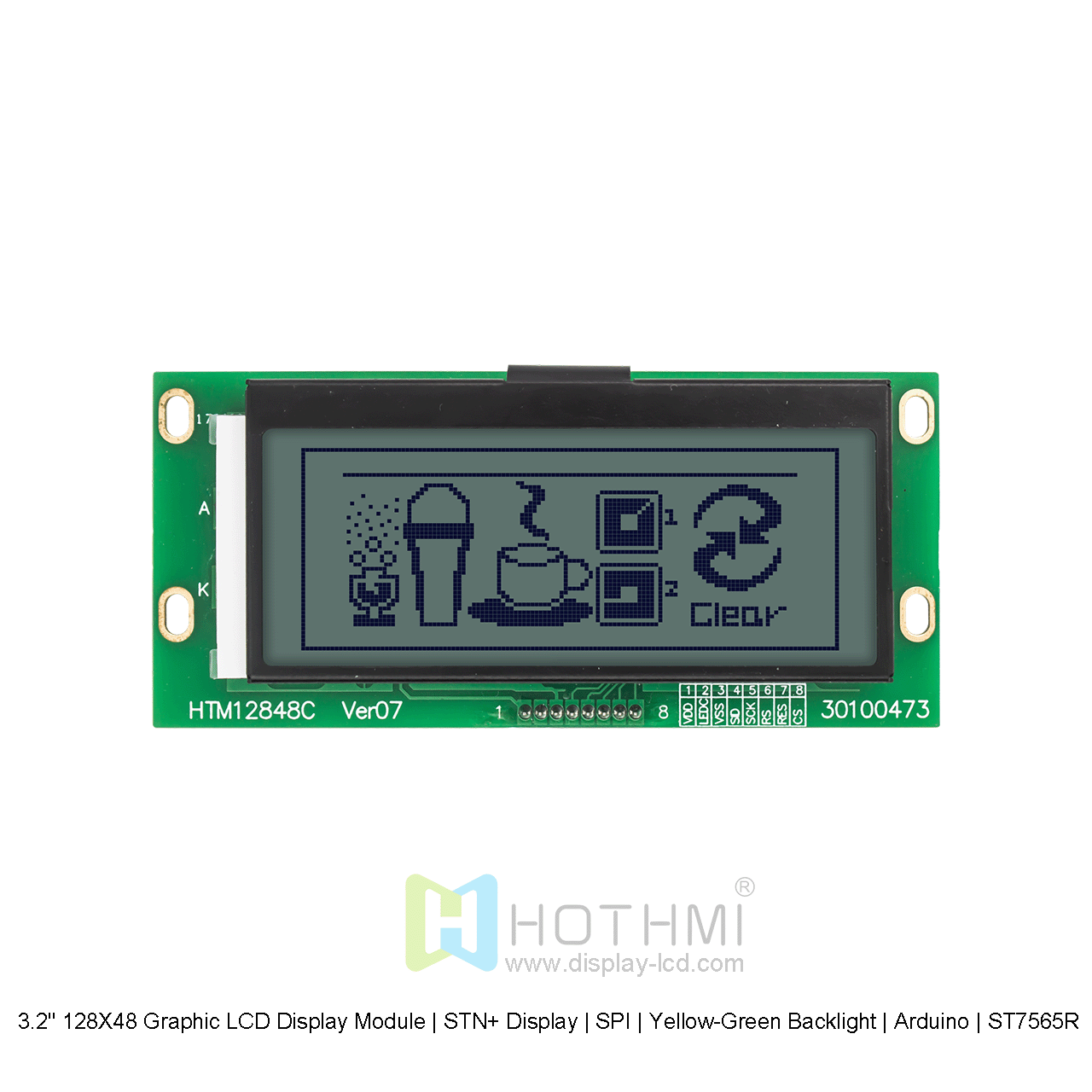 3.2" 128X48 Graphic LCD Display Module | STN+ Display | SPI | Yellow-Green Backlight | Arduino | ST7565R