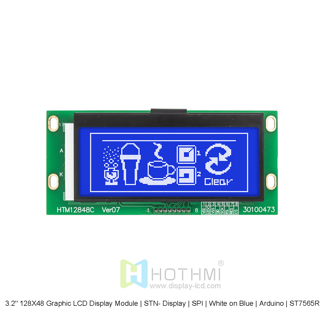 3.2寸128X48图形液晶显示模块  | STN- 显示屏 | SPI | 蓝底白字 |Arduino | ST7565R