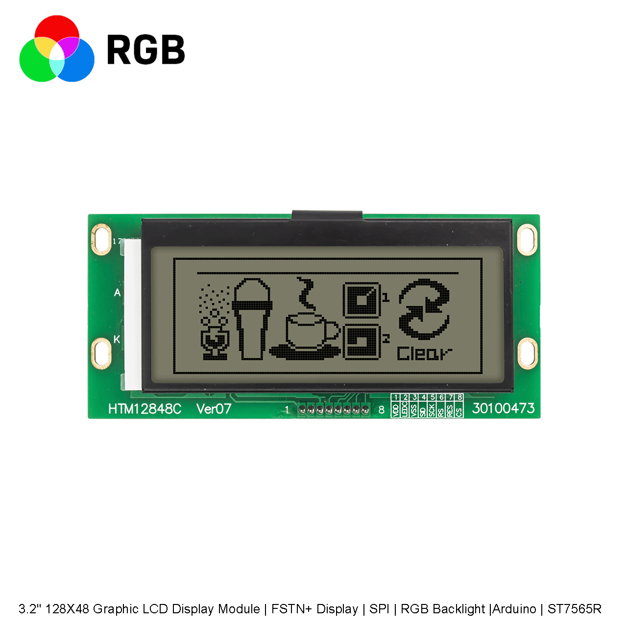 3.2寸128X48图形液晶显示模块  | FSTN+ 显示屏 | SPI | 红绿蓝背光 |Arduino | ST7565R