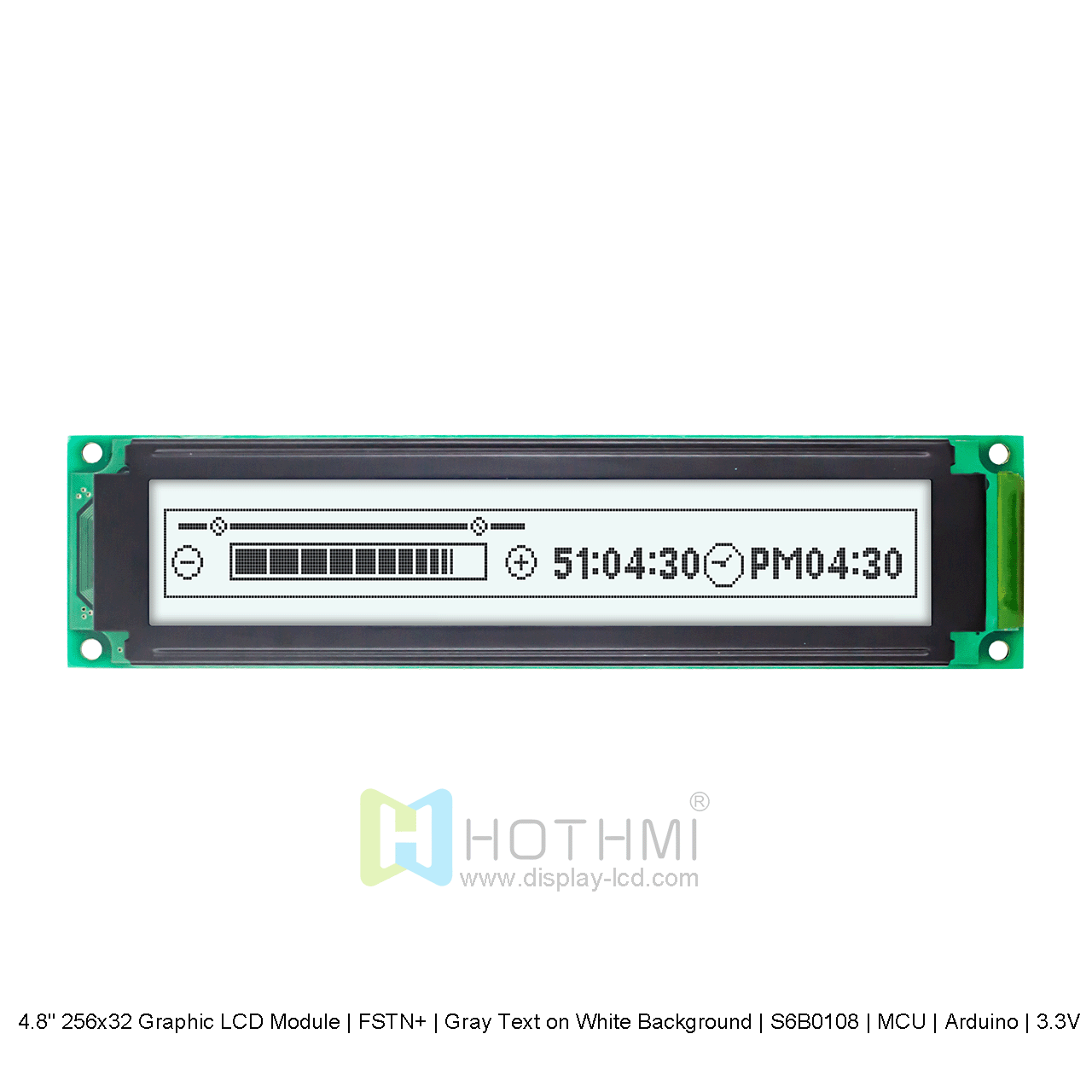 4.8寸256x32 图形 LCD 模块 | FSTN+ | 白底灰字 | S6B0108 | MCU | Arduino | 3.3V