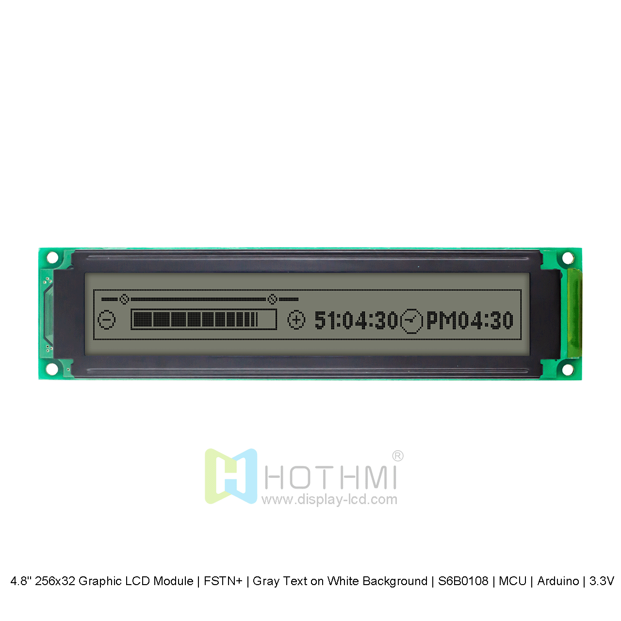 4.8寸256x32 图形 LCD 模块 | FSTN+ | 白底灰字 | S6B0108 | MCU | Arduino | 3.3V