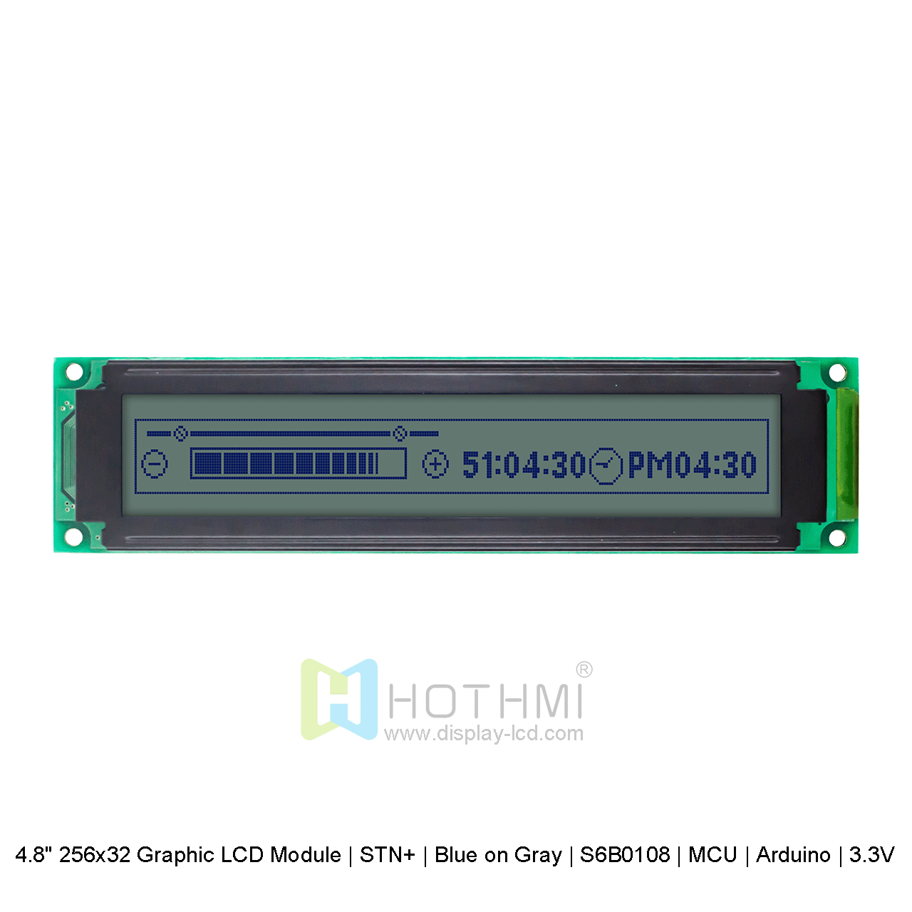 4.8寸256x32 图形 LCD 模块 | STN+ | 灰底蓝字 | S6B0108 | MCU | Arduino | 3.3V