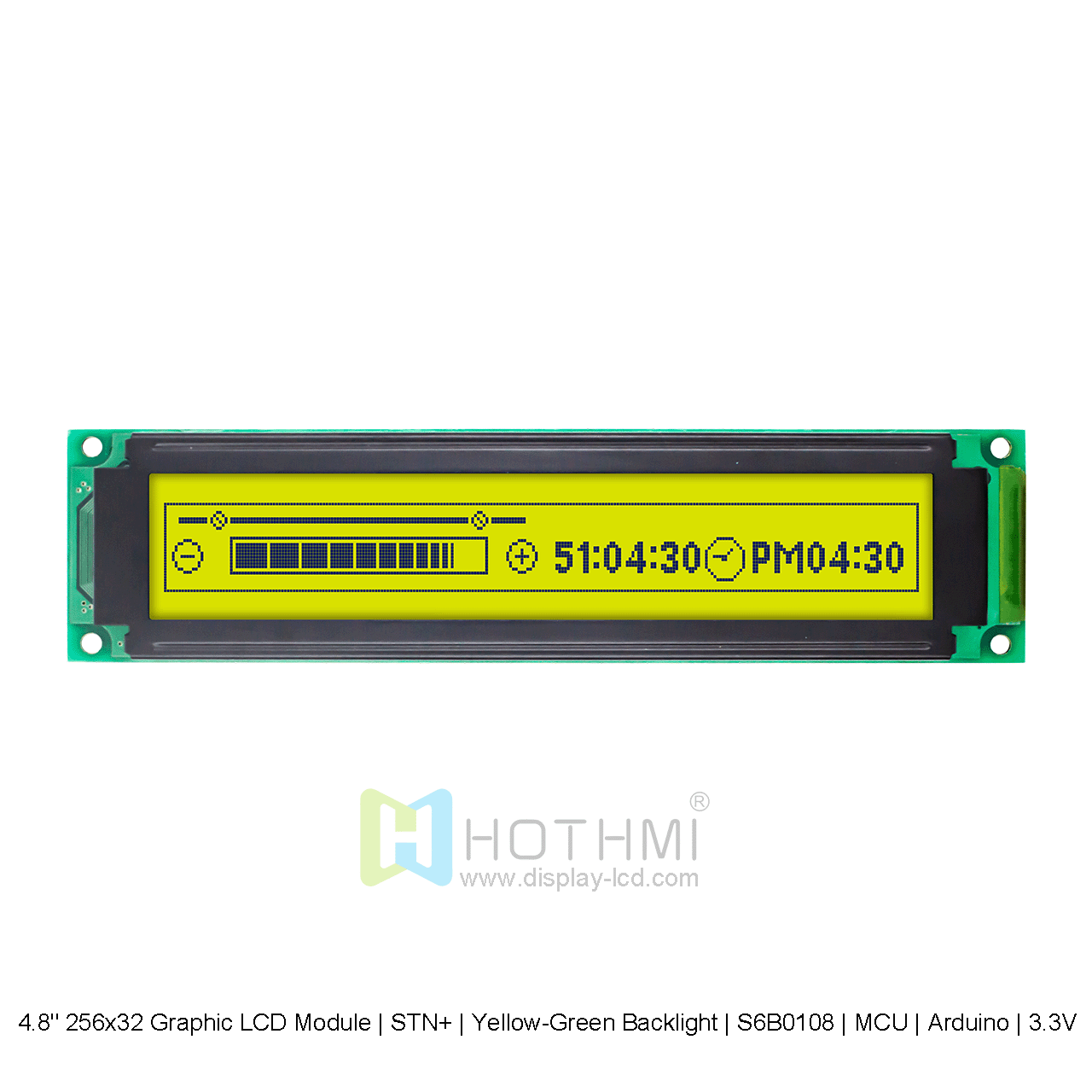 4.8寸256x32 图形 LCD 模块 | STN+ | 黄绿背光 | S6B0108 | MCU | Arduino | 3.3V