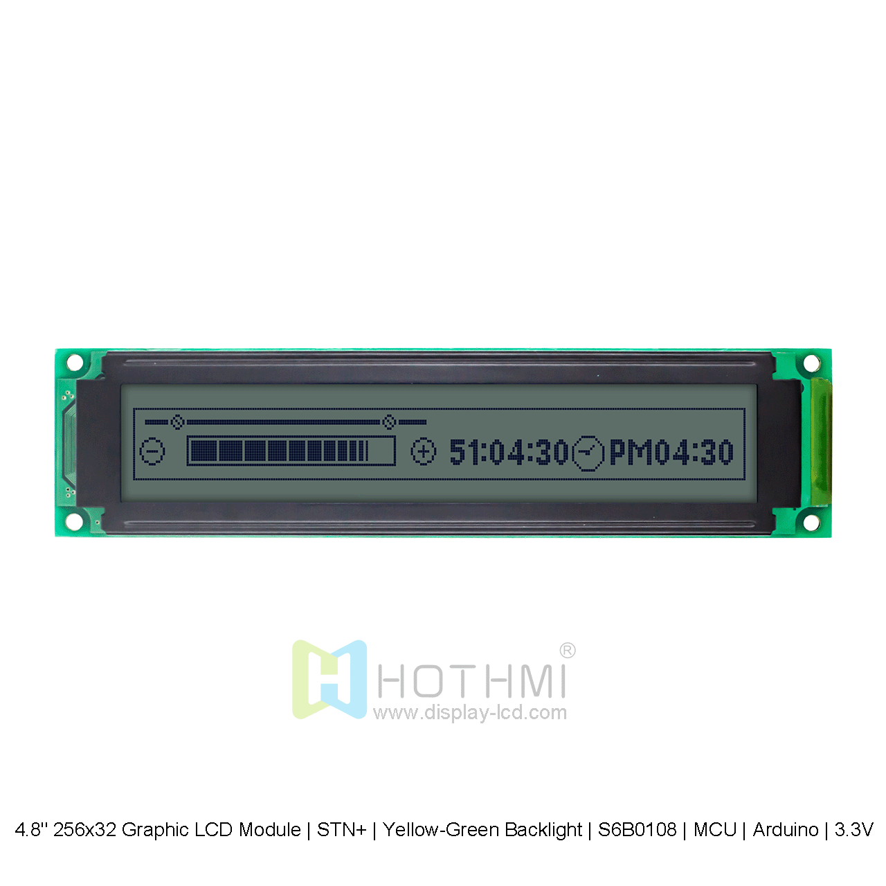 4.8寸256x32 图形 LCD 模块 | STN+ | 黄绿背光 | S6B0108 | MCU | Arduino | 3.3V