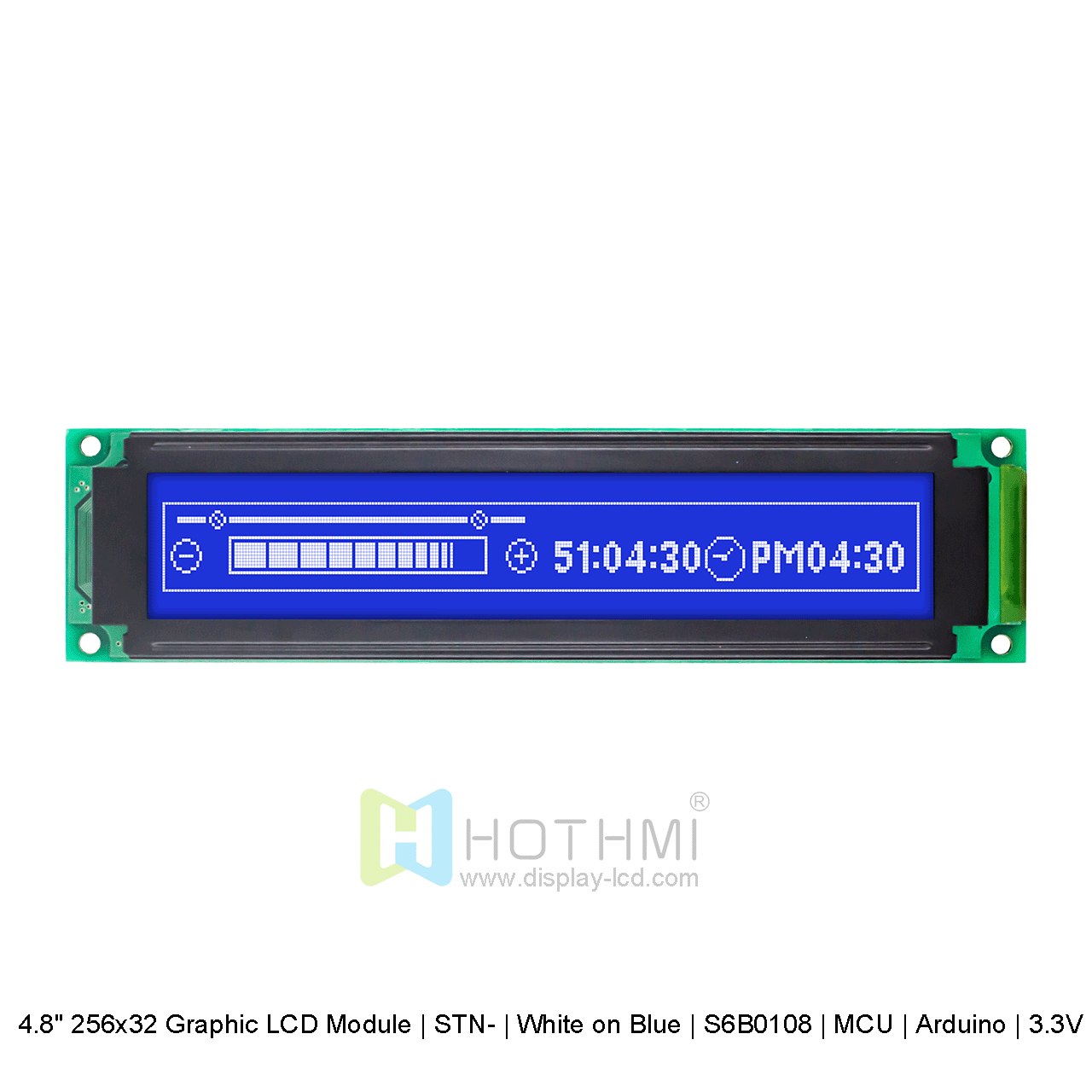 4.8寸256x32 图形 LCD 模块 | STN- | 蓝底白字 | S6B0108 | MCU | Arduino | 3.3V