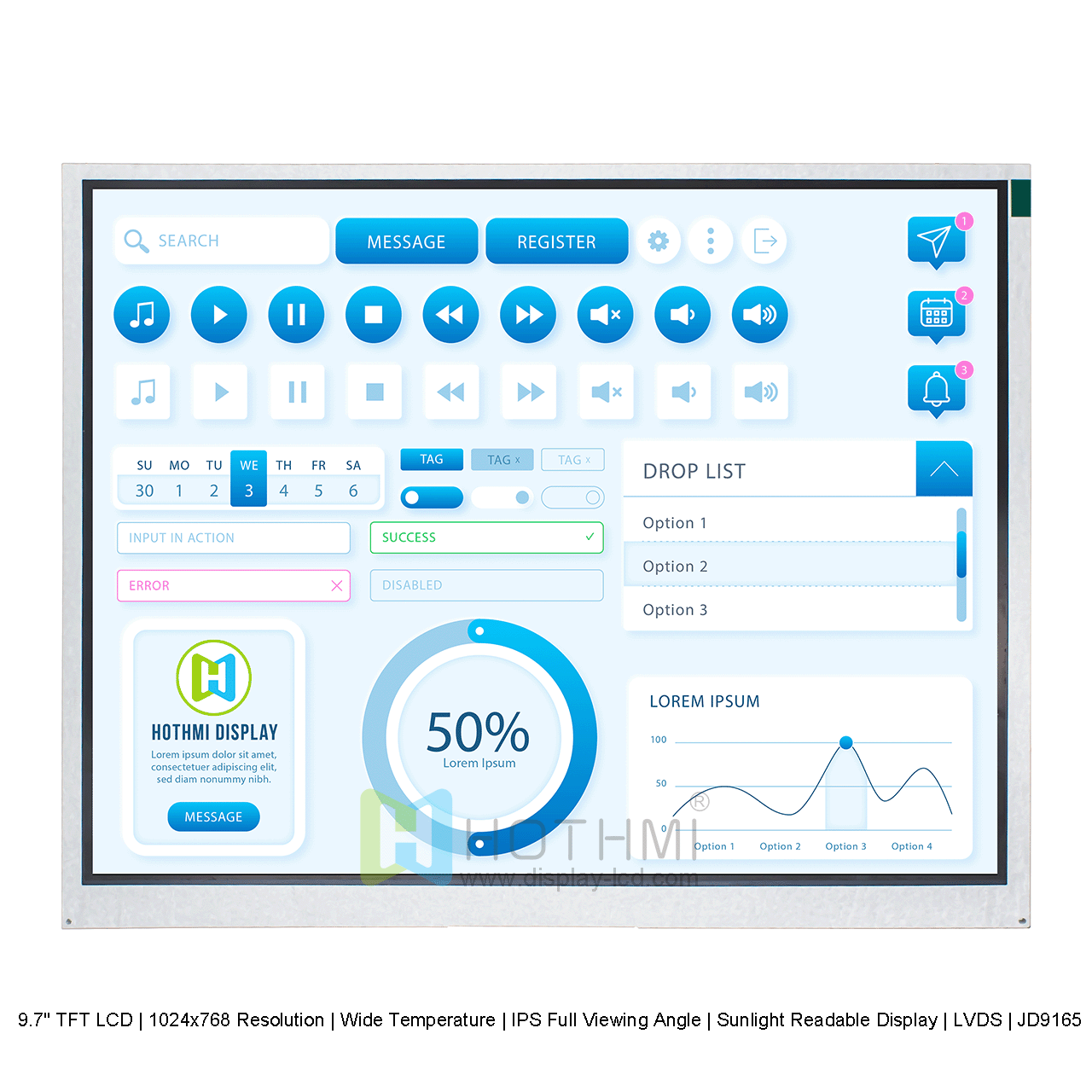 9.7英寸TFT 液晶显示屏 /1024x768 分辨率/宽温/IPS全视角/阳光下可读显示屏/LVDS/JD9165