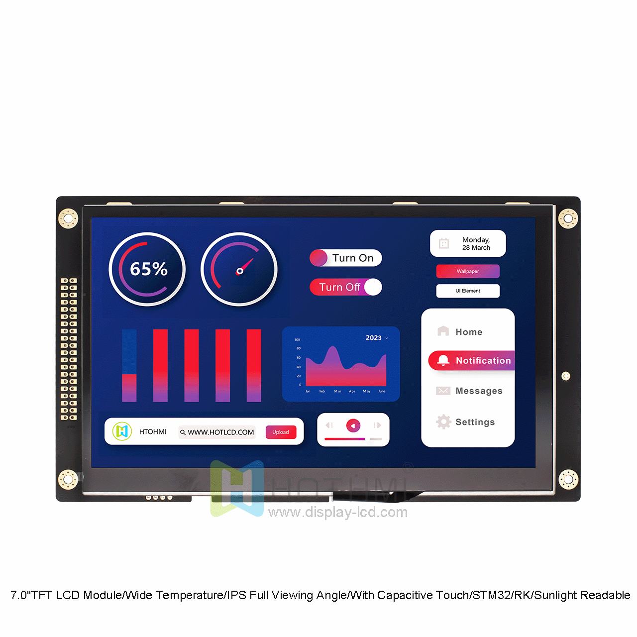 7.0"TFT LCD Module/1024x600 Resolution/Wide Temperature/IPS Full Viewing Angle/With Capacitive Touch/STM32/RK/Sunlight Readable