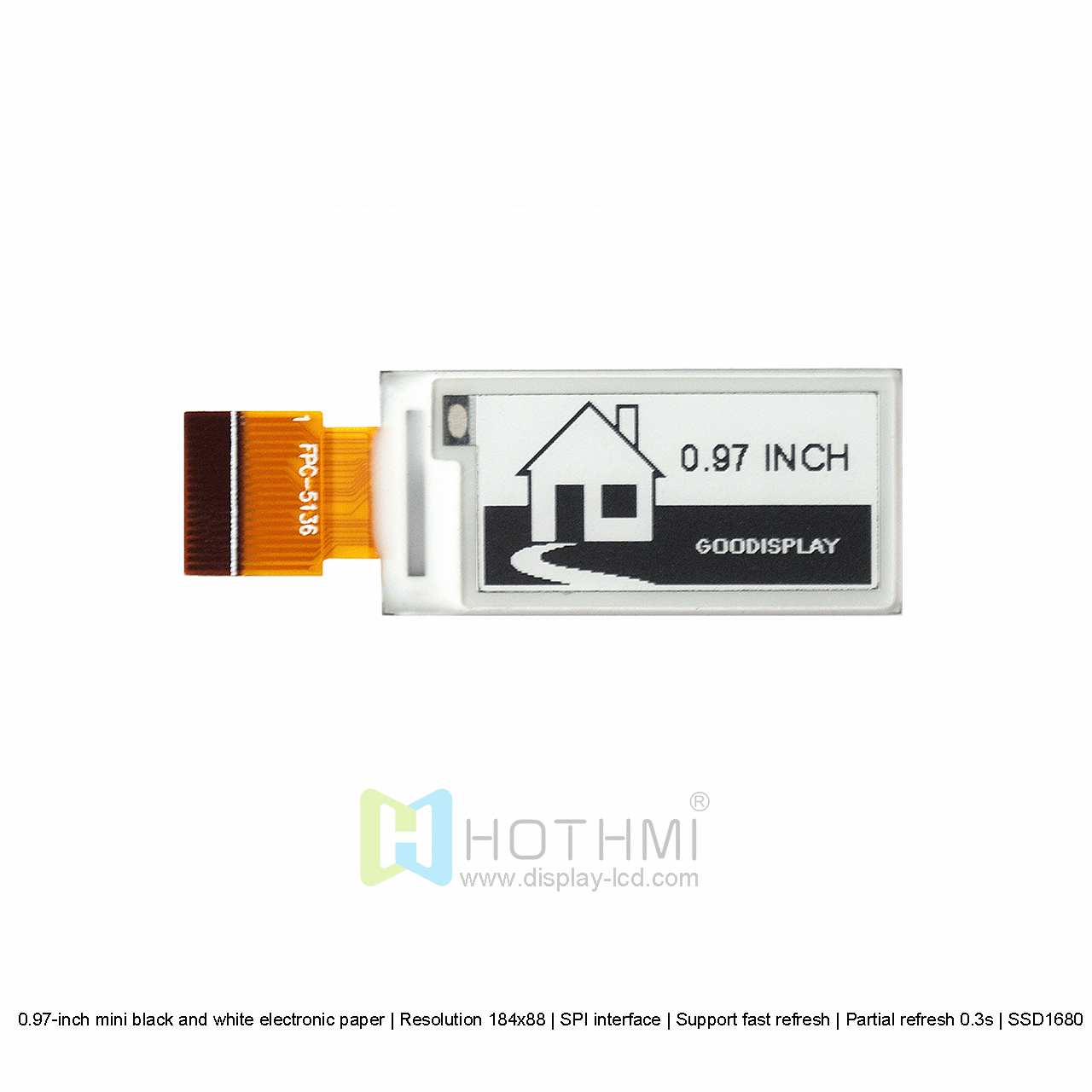 0.97-inch mini black and white electronic paper | Resolution 184x88 | SPI interface | Support fast refresh | Partial refresh 0.3s | SSD1680