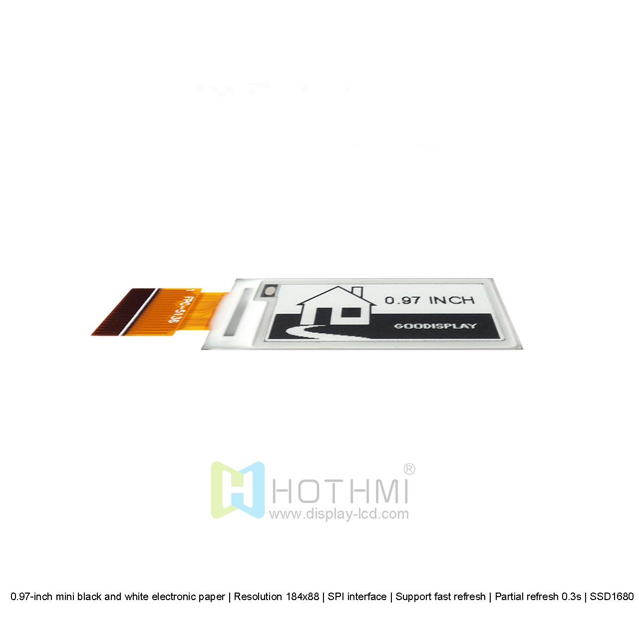 0.97-inch mini black and white electronic paper | Resolution 184x88 | SPI interface | Support fast refresh | Partial refresh 0.3s | SSD1680