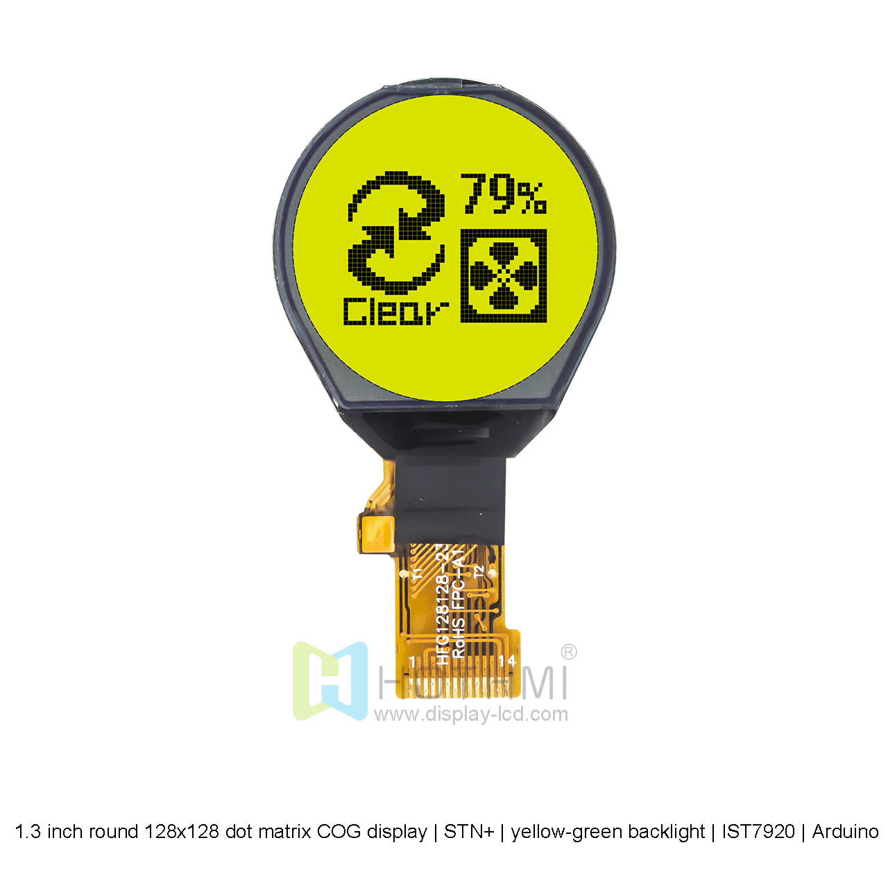 1.3-inch round COG | 128x128 dot matrix COG LCD display | 1.3-inch graphic LCD display | STN+| yellow-green backlight | IST7920 | Arduino