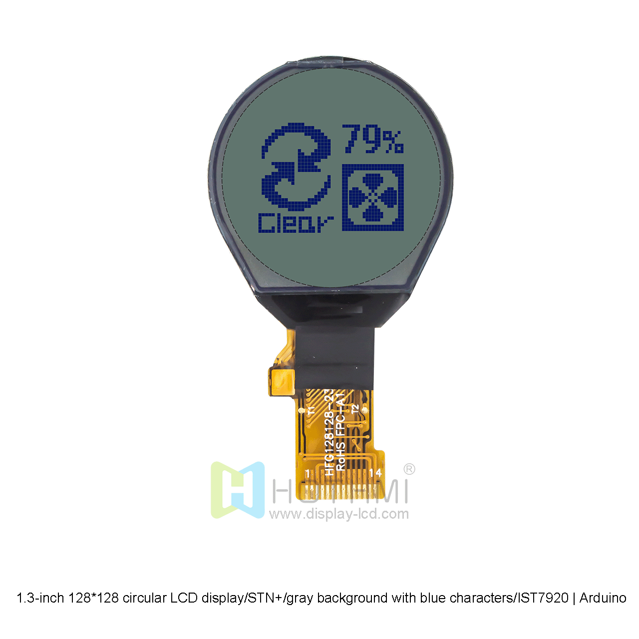 1.3-inch Circular COG | 128x128 Dot COG LCD | 1.3-inch Circular LCD | STN+| Gray Background with Blue Characters | IST7920 | Arduino