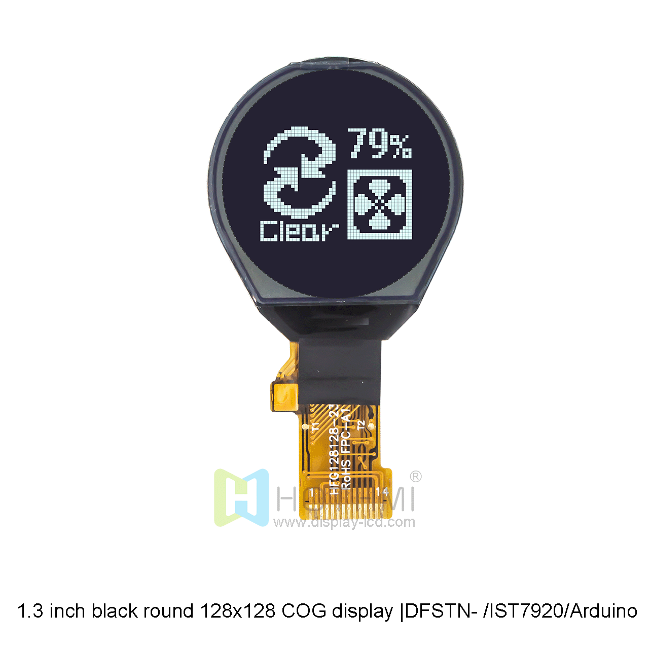 1.3-inch round COG |128x128 dot matrix graphic COG LCD | 1.3-inch round LCD display | DFSTN- | black background with white characters | IST7920 | Arduino