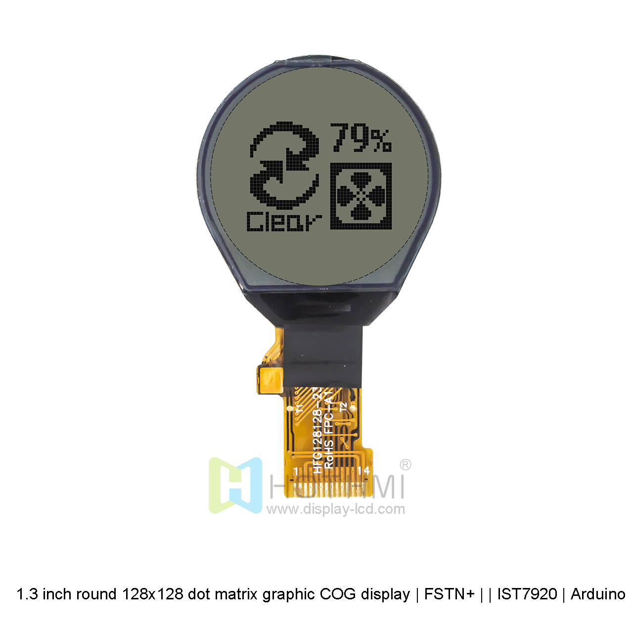 1.3-inch round COG | 128x128 dot graphic COG LCD | 1.3-inch round LCD | FSTN+ | Gray text on white background | IST7920 | Arduino