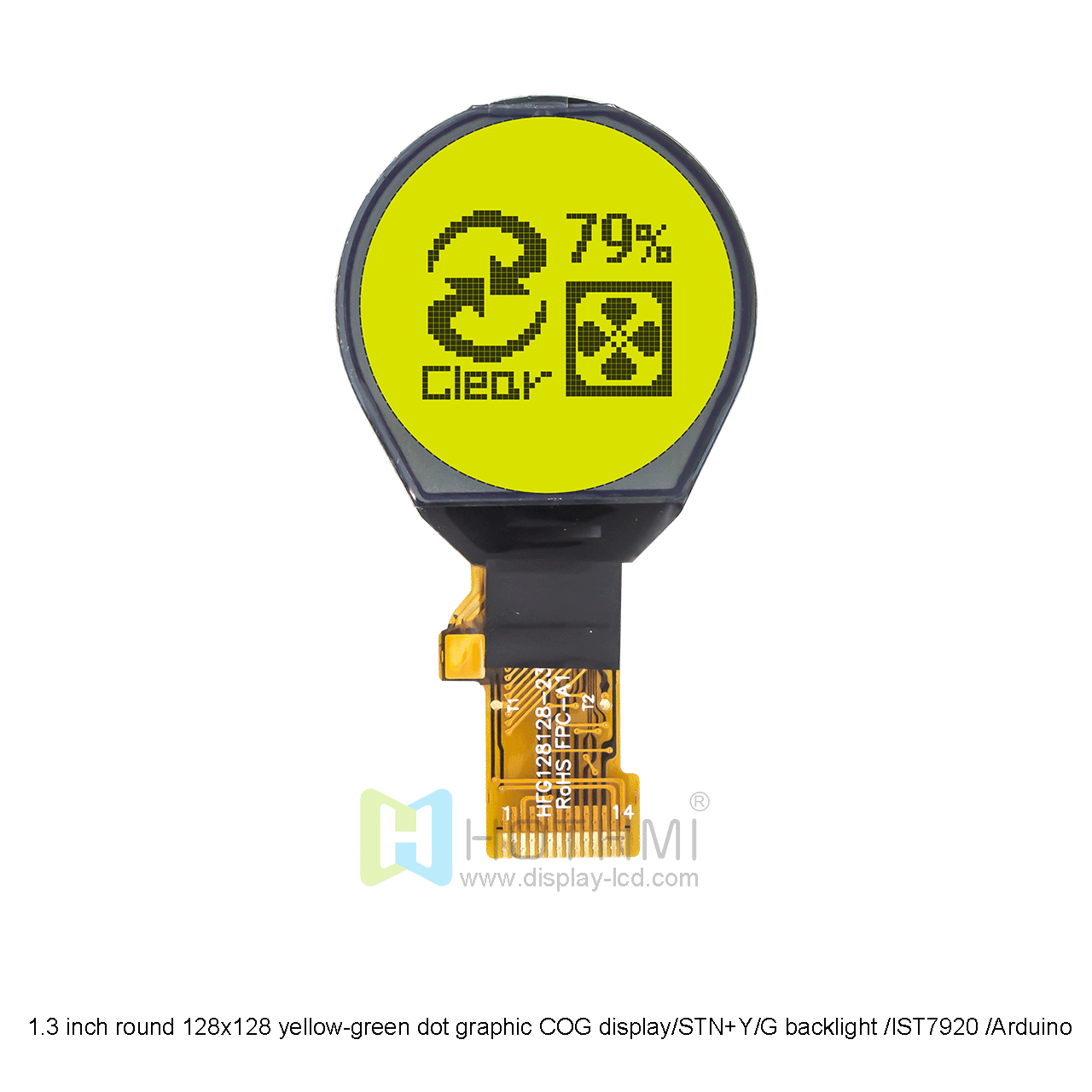 1.3 inch yellow-green circular COG |128x128 dot matrix graphic COG LCD| 1.3 inch circular LCD display | STN+yellow-green | yellow-green backlight | IST7920 | Arduino