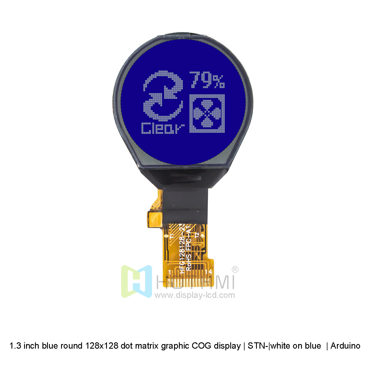 1.3-inch blue Round COG |128x128 dot matrix graphic COG LCD| 1.3-inch circular LCD display | STN- | blue background with white characters | IST7920 | Arduino