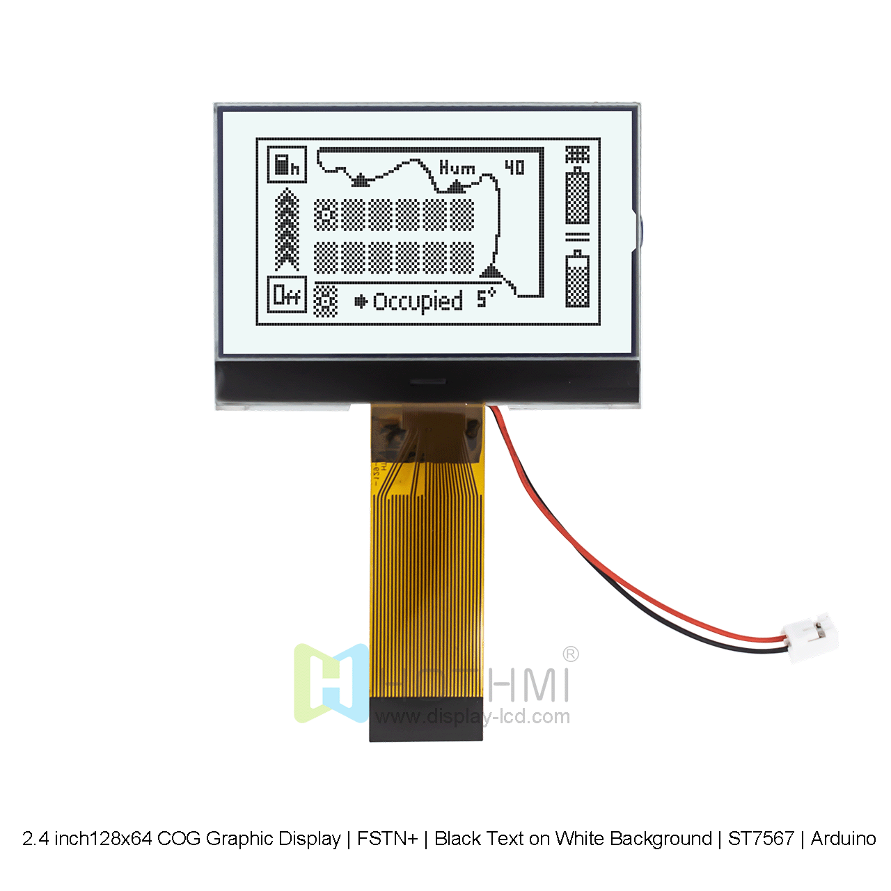 2.4 inch 128X64 Graphic LCD COG | 128x64 COG Graphic Display | FSTN+ | Black Text on White Background | ST7567 | Arduino