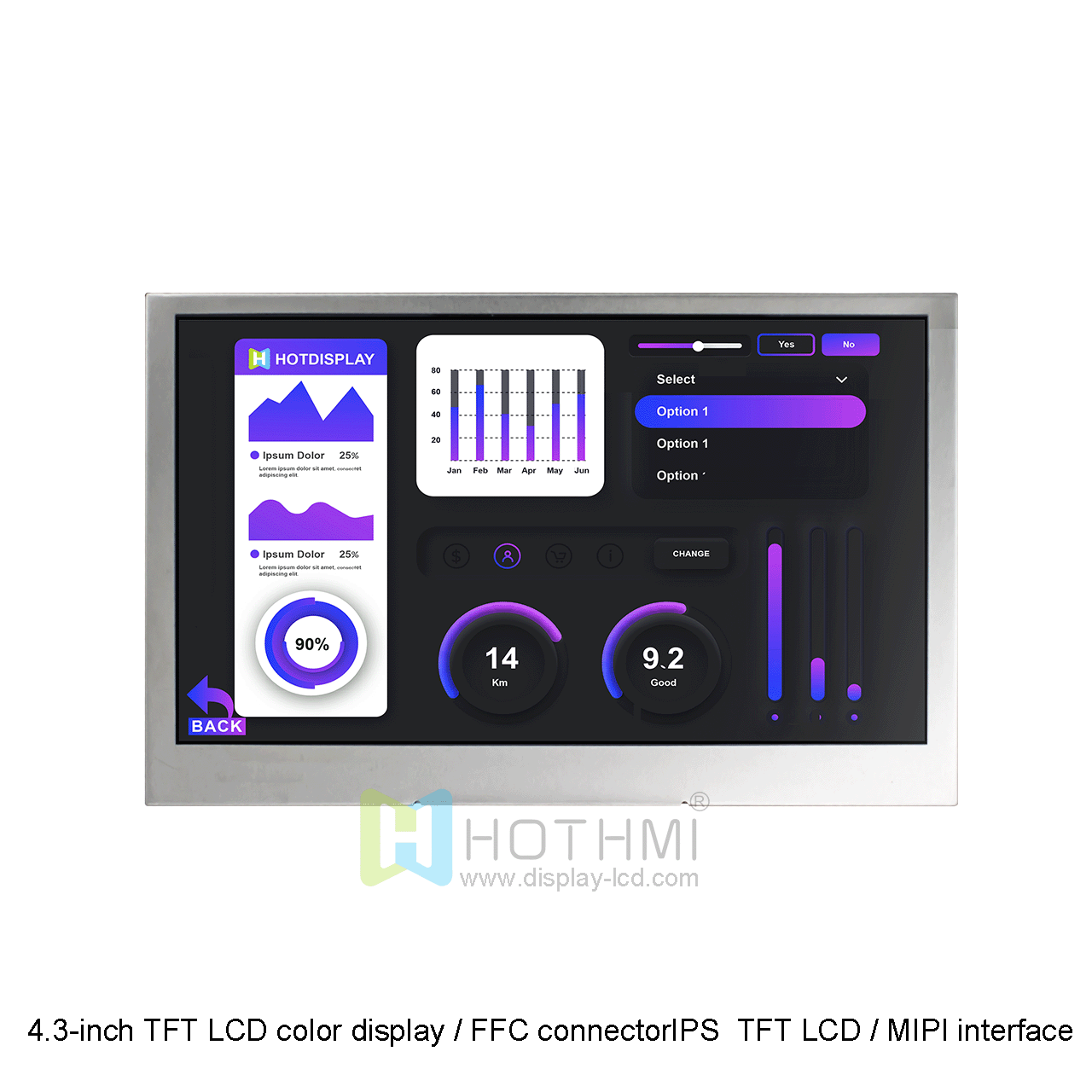 4.3-inch TFT LCD color display / FFC connector / 800x480 dot matrix color screen module / IPS full-viewing angle TFT LCD / MIPI interface