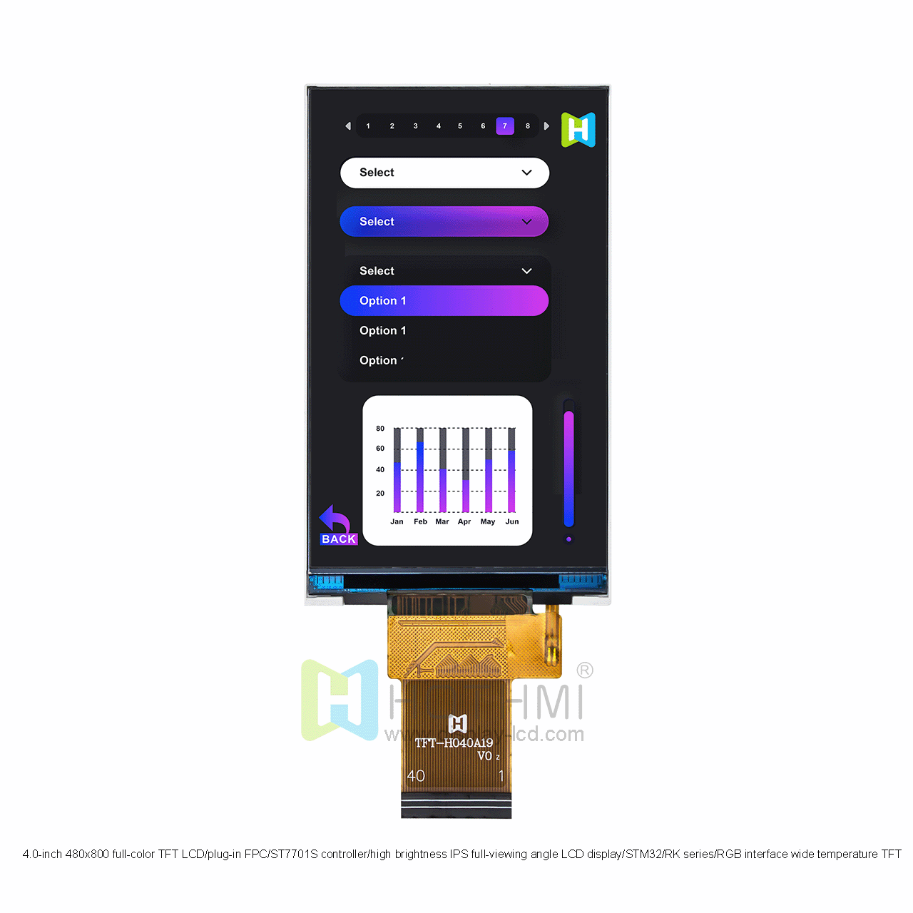 4.0-inch 480x800 full-color TFT LCD/plug-in FPC/ST7701S controller/high brightness IPS full-viewing angle LCD display/STM32/RK series/RGB interface wide temperature TFT