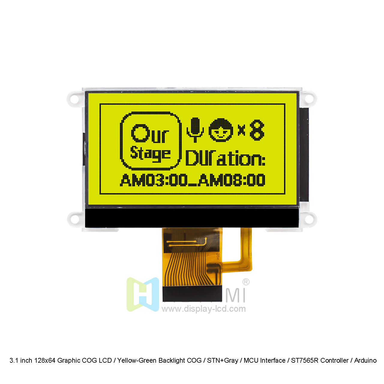 3.1 inch 128x64 Graphic COG LCD / Yellow-Green Backlight COG / STN+Gray / MCU Interface / ST7565R Controller / Arduino