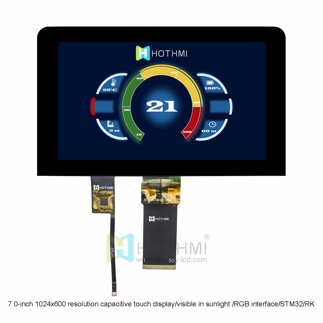 7.0-inch 1024x600 resolution capacitive touch display / 7.0-inch IPS high brightness full-viewing angle TFT / visible in sunlight / T.B.D <TFT>, GT911 <CTP> / RGB interface / STM32 / RK