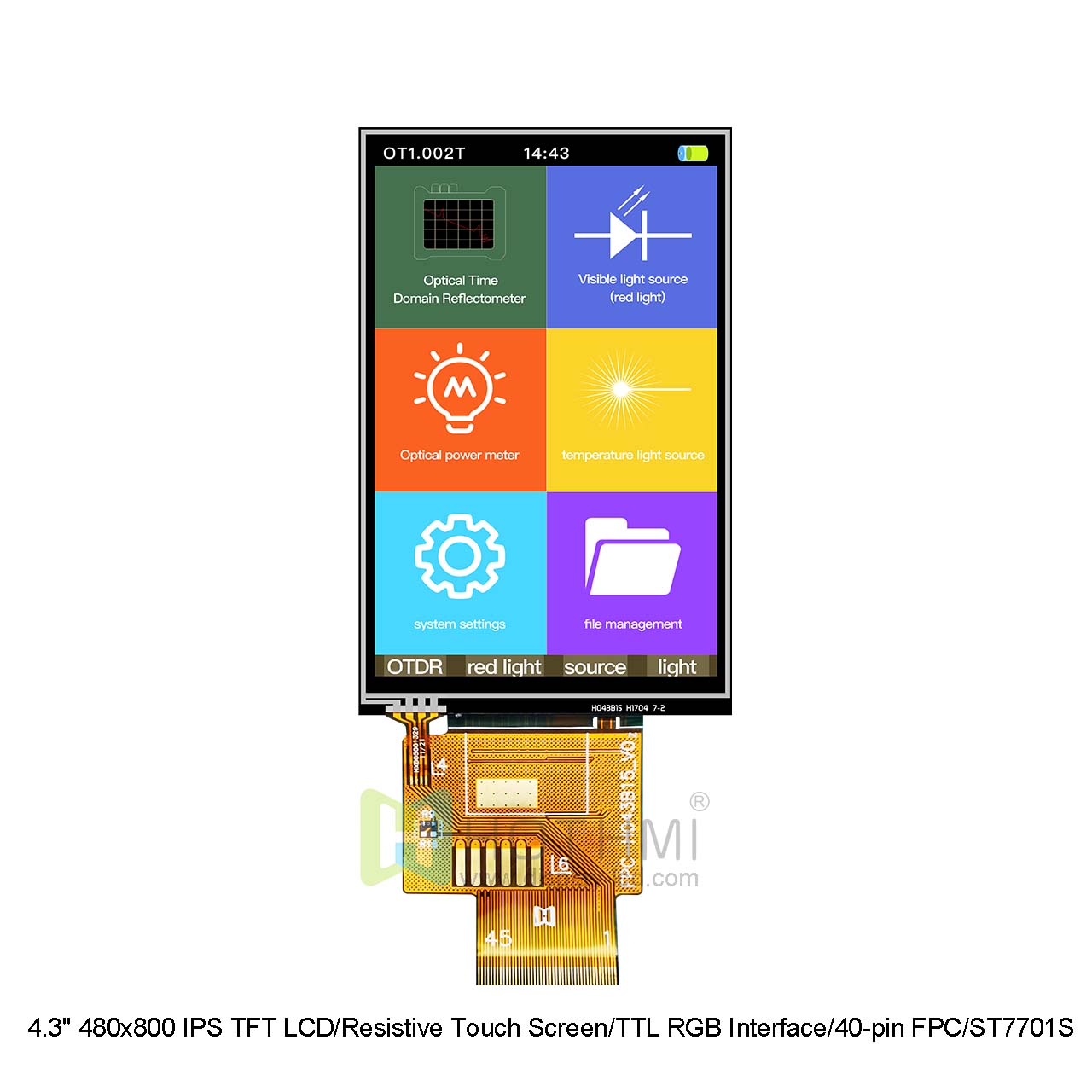 4.3" 480x800 IPS TFT LCD/电阻触摸显示屏/TTL RGB接口/40 针FPC/ST7701S/STM32/RK主板