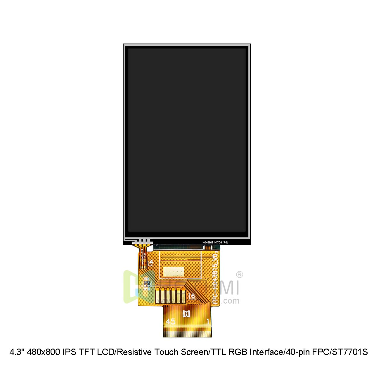 4.3" 480x800 IPS TFT LCD/电阻触摸显示屏/TTL RGB接口/40 针FPC/ST7701S/STM32/RK主板