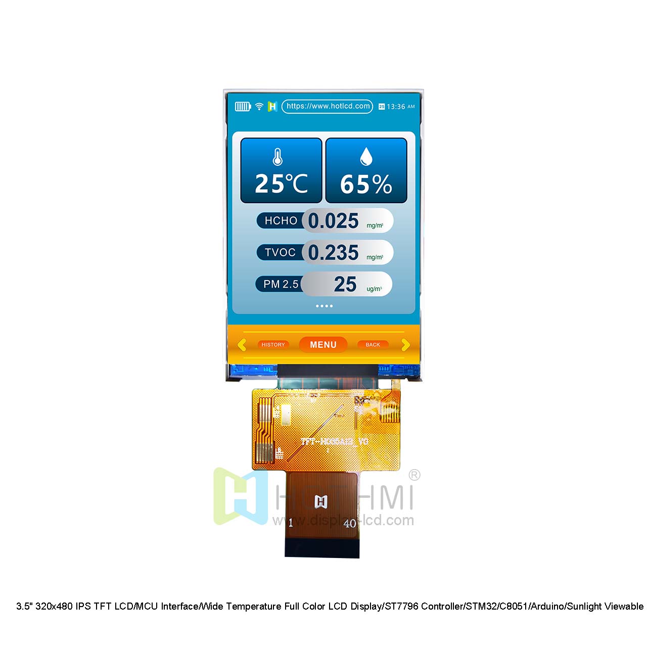 3.5" 320x480 IPS TFT LCD/MCU ​​Interface/Wide Temperature Full Color LCD Display/ST7796 Controller/STM32/C8051/Arduino/Sunlight Viewable