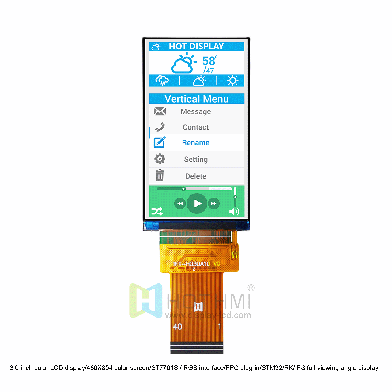 3.0-inch 480x854 TFT color display / industrial TFT LCD / RGB interface / ST7703 controller / plug-in FPC / STM32 / RK series