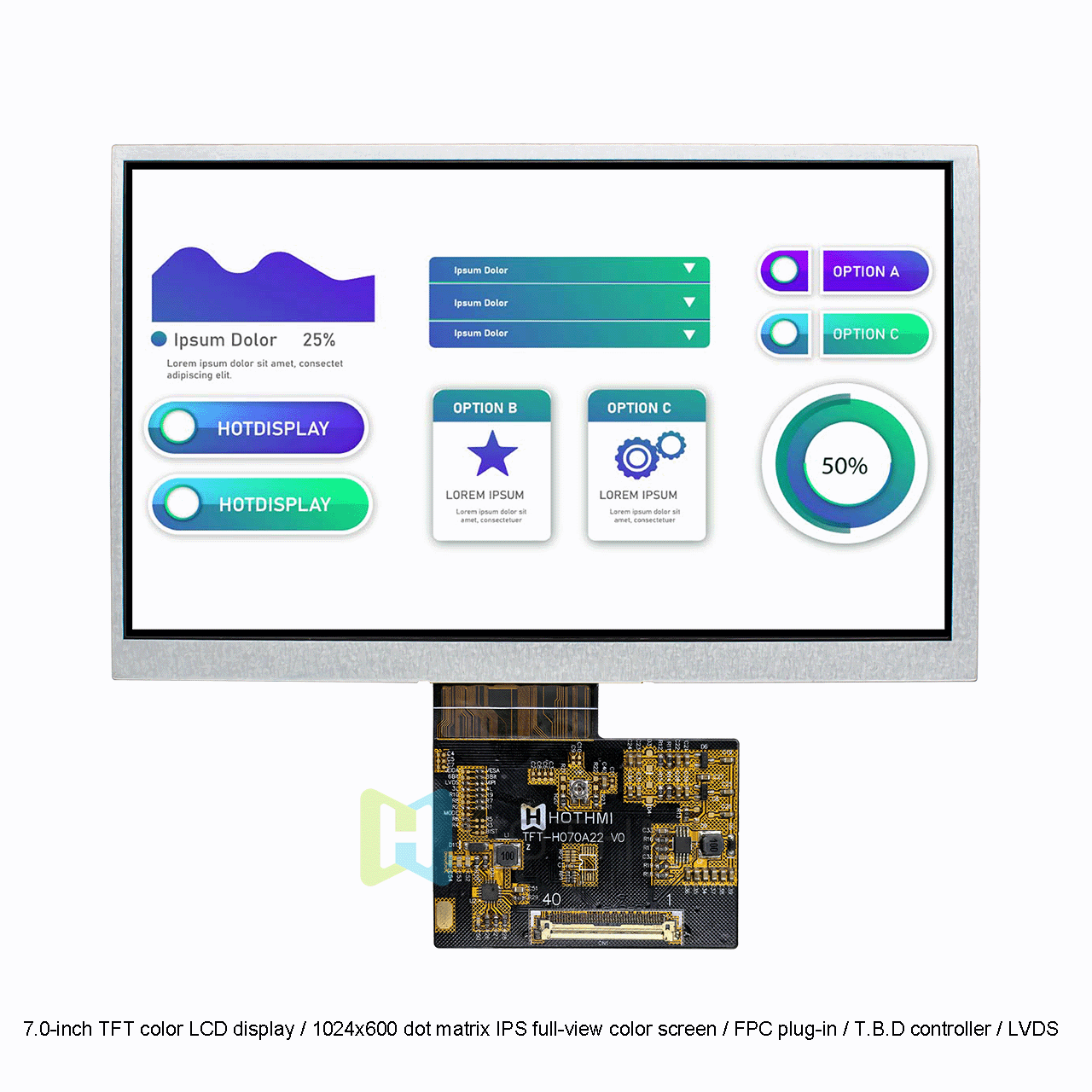 7.0-inch TFT color LCD display / 1024x600 dot matrix IPS full-view color screen / FPC plug-in / T.B.D controller / LVDS interface high-brightness display/Linux/RK